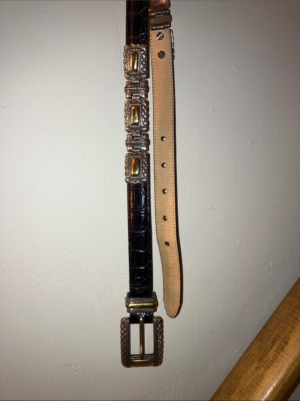 Vintage 90s Brighton croc embossed black leather silver+gold concho belt - Small